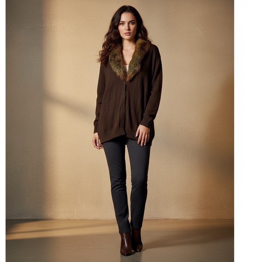 Jones New York Brown Cardigan with Plush Faux Fur Collar size 2X